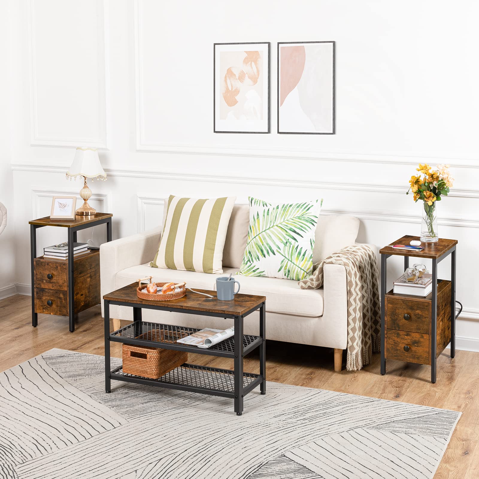 Living room with a beige sofa, wooden side tables, and a coffee table.