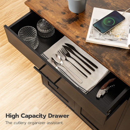 HOOBRO Retro Brown Movable Kitchen Island with Power Outlet & Shelves & Drawers & Wheels