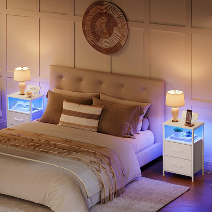 HOOBRO White Bedside Table for Bedroom with Charging Station & LED Light & 2 Fabric Drawers & 2 AC Power Outlets & USB Port