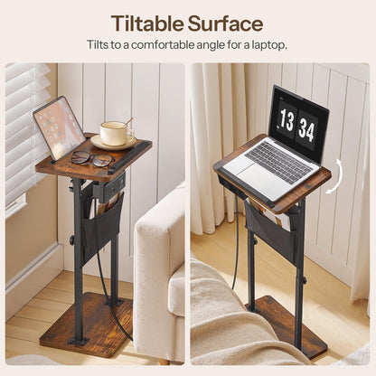 HOOBRO Side Table, Narrow End Table with Charging Station, Height Adjustable Side Table, Tiltable Surface, Storage Bag, Nightstand for Small Spaces, Living Room, Rustic Brown and Black BF435UBZ01