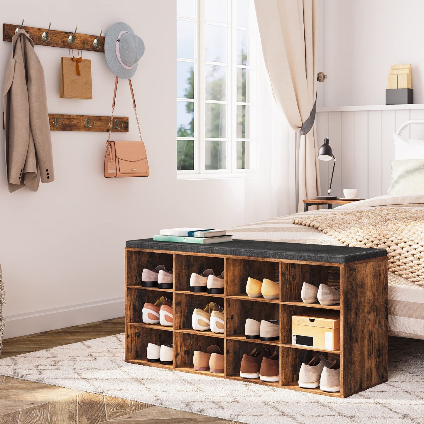 HOOBRO 39.4-inch Padded Shoe Cabinet Bench with Compartments