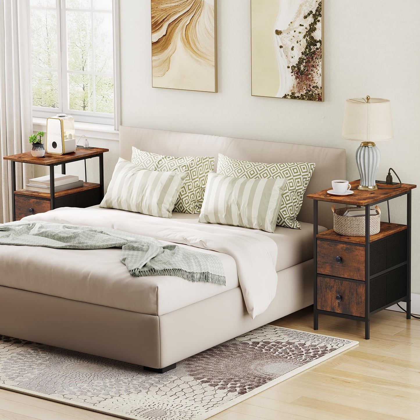 HOOBRO Retro Brown Side Table with Charging Station &Two Non-woven Fabric Drawers / 2PICS