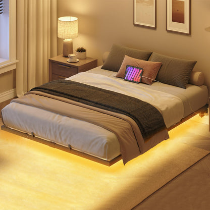 HOOBRO Black Full-Size Industrial Style Metal Suspended Bed Frame with Charging Station & LED Light