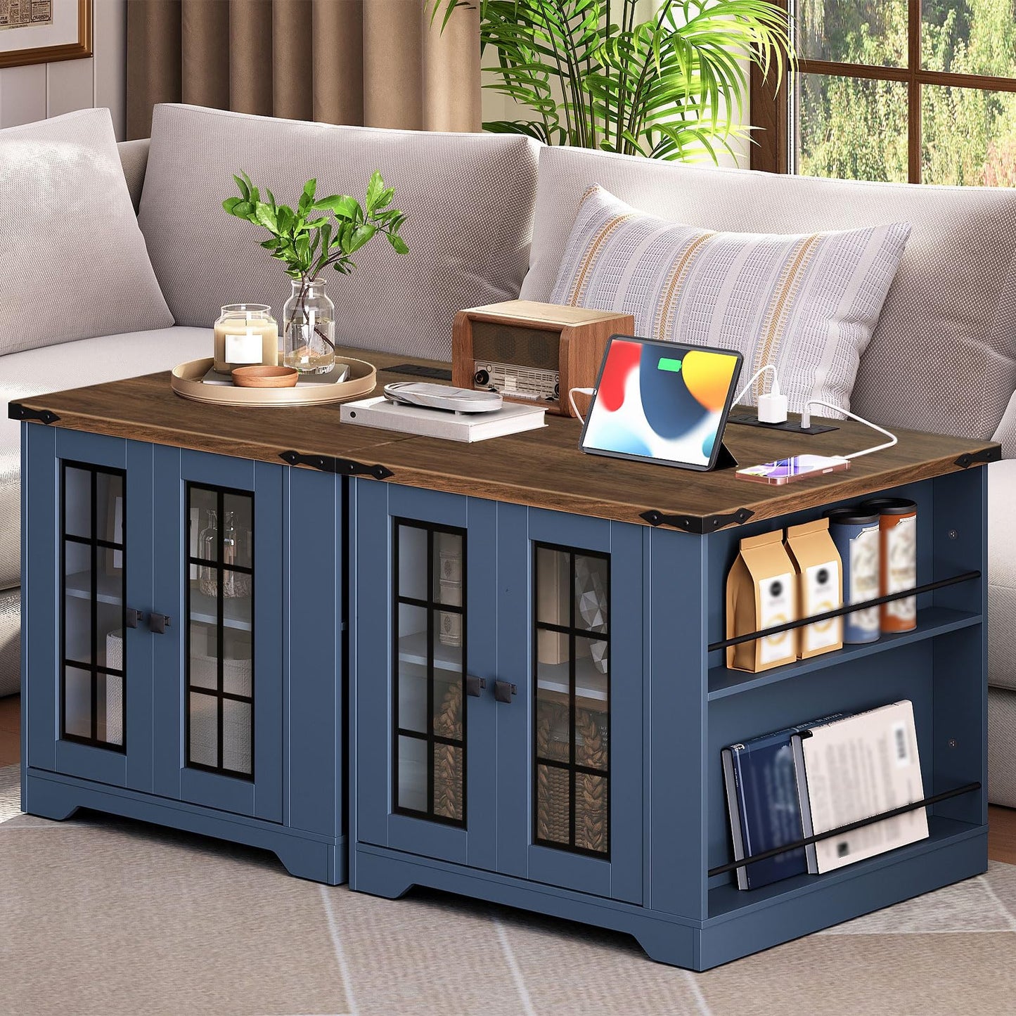 HOOBRO Blue Farmhouse Style 23.6-inch Large Side Table with Charging Station & Side Shelf