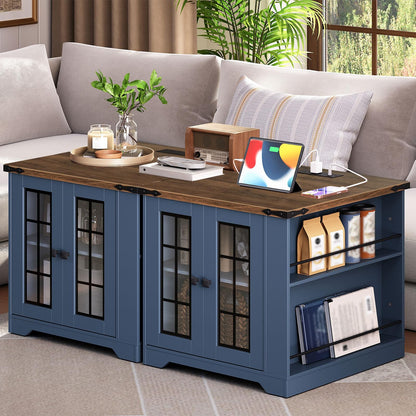 HOOBRO Blue Farmhouse Style 23.6-inch Large Side Table with Charging Station & Side Shelf