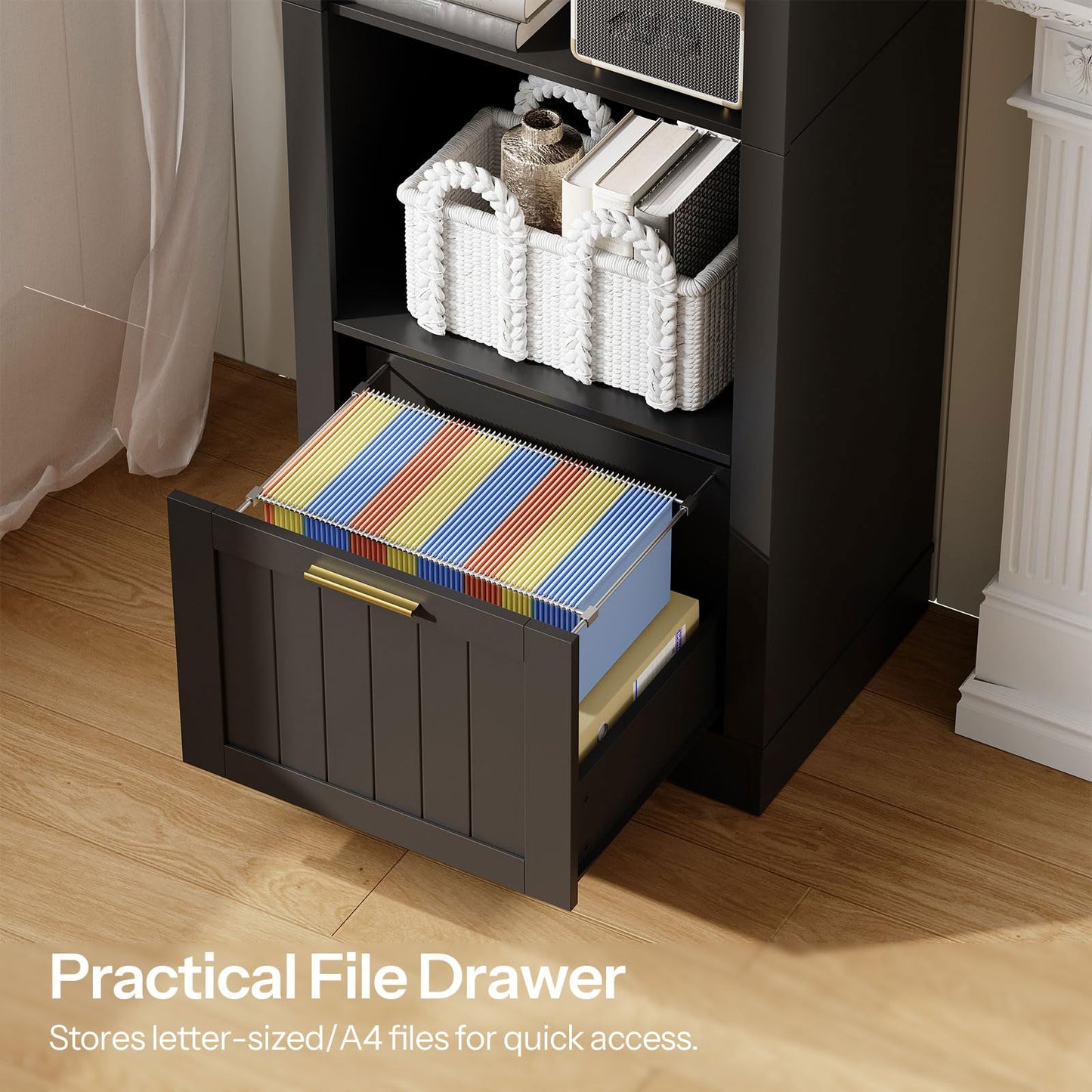 HOOBRO 6-Tier Wooden Arched Bookcase with File Drawers & Adjustable Shelves