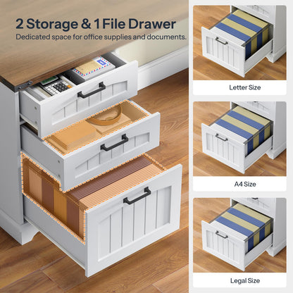 White storage unit with drawers for office supplies and documents on a wooden floor.