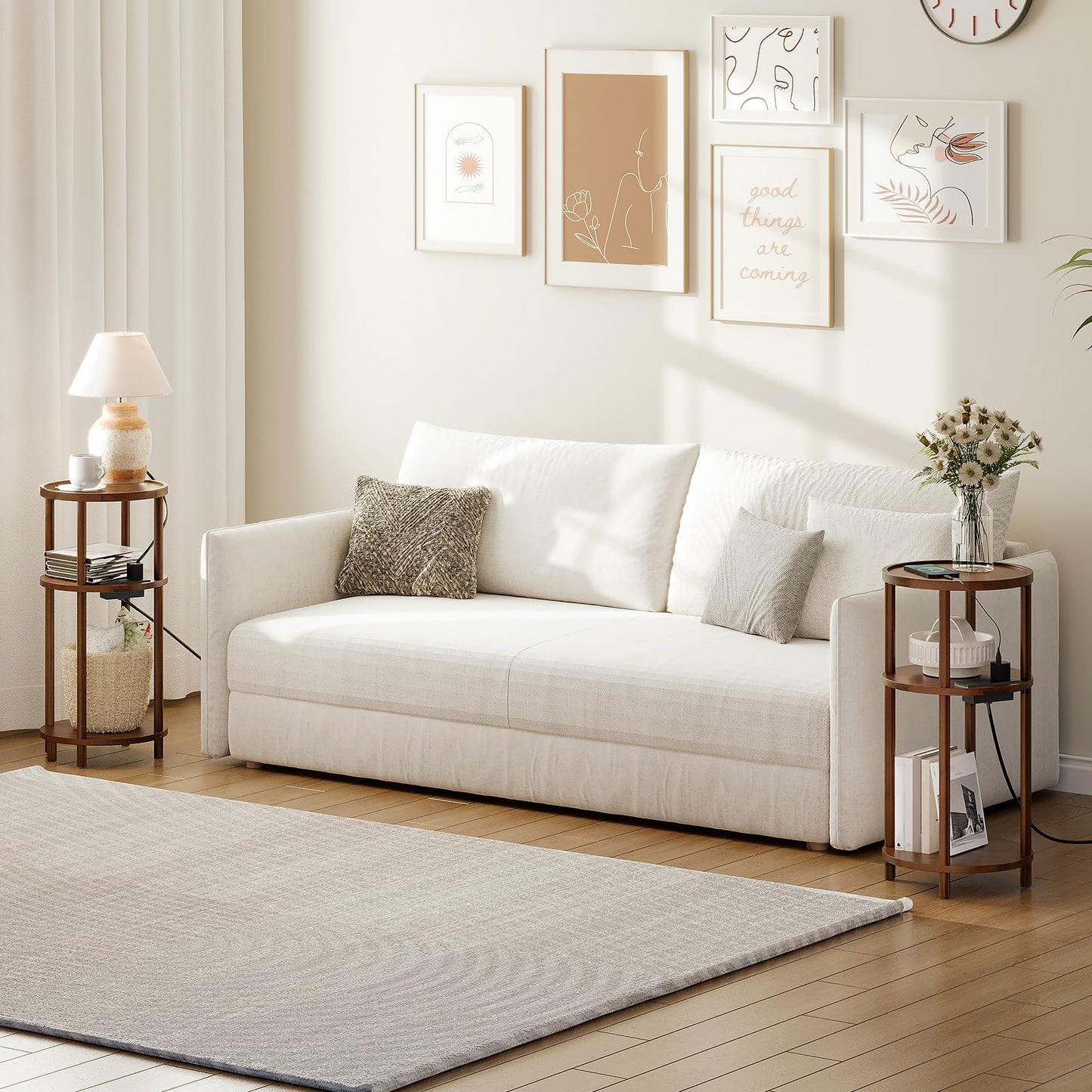 HOOBRO Mocha Three-Tier Small Round Side Table with USB Charging Port