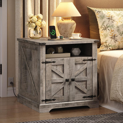 HOOBRO Greige 23.6-inch Large Wooden Square Farmhouse-Style Side Table with Charging Station