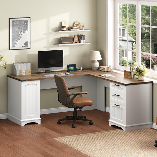 Home office with a L-shaped desk, chair, computer setup, and decor.