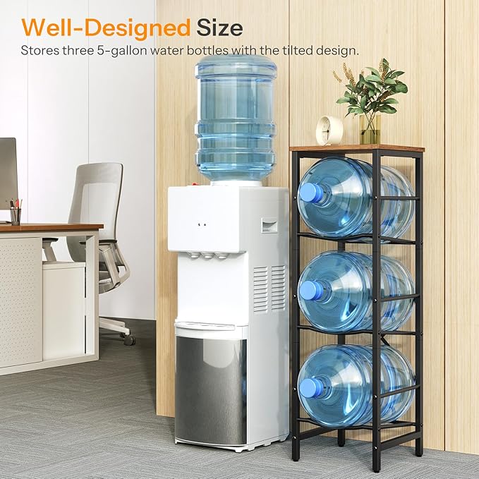 Water cooler with three 5-gallon water bottles on a rack in an office setting.