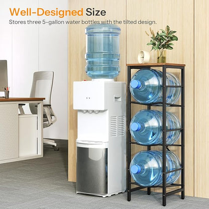 Water cooler with three 5-gallon water bottles on a rack in an office setting.