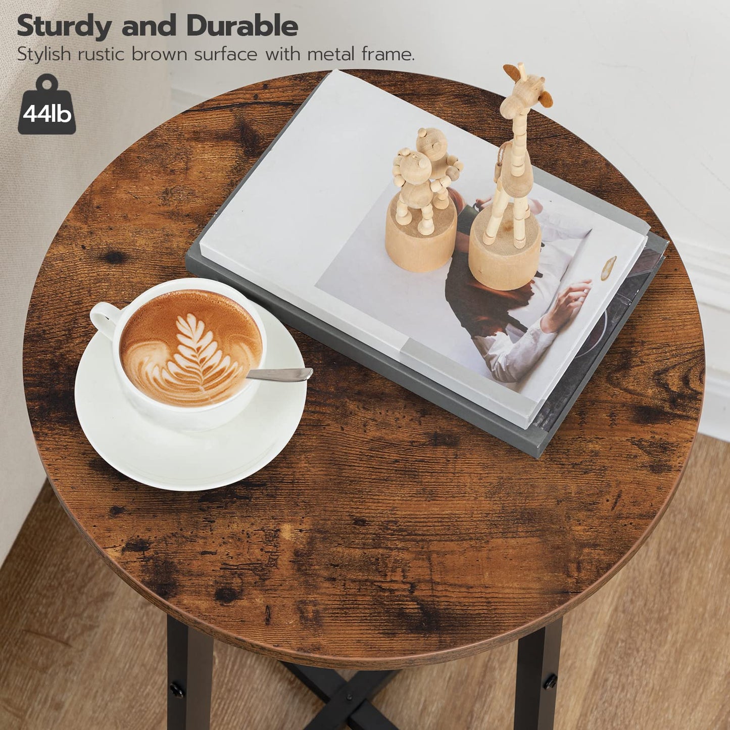 HOOBRO 15.7-inch Brown Round Side Table with Sturdy Metal Base