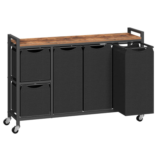 HOOBRO Laundry Sorter with 5 Sections, 45.5 Gal. (170 L) Laundry Hamper with Wheels and Shelf, Large Capacity, Laundry Basket with Removable Bags, 44.1"L x 11.8"W x 31.5"H, Rustic Brown, BF26XY01