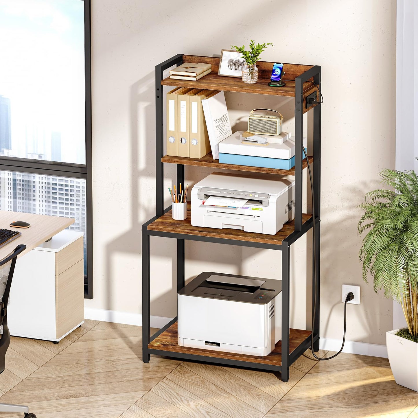 HOOBRO 4-Tier Storage Shelf Printer Stand with Charging Station