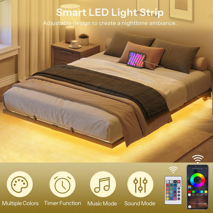 HOOBRO Black Full-Size Industrial Style Metal Suspended Bed Frame with Charging Station & LED Light