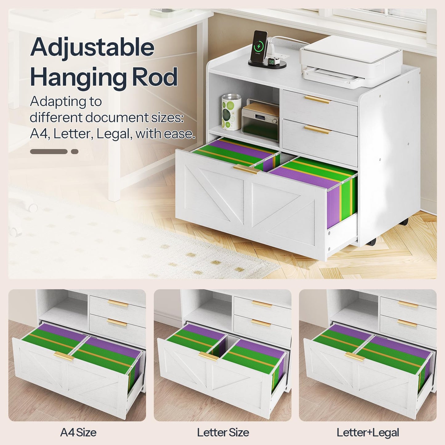 HOOBRO Wooden Lateral File Cabinet with Charging Station