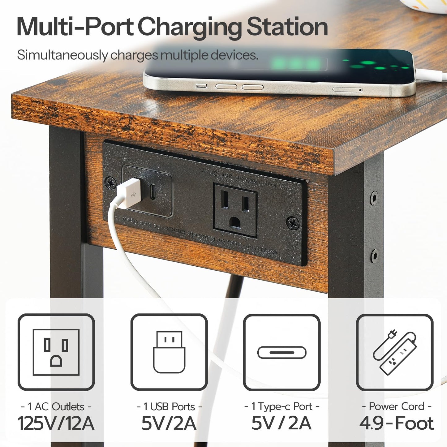 HOOBRO Narrow Side Table, 2-Tier Slim End Table with Charging Station, Skinny Nightstand with Open Storage, for Small Spaces, Living Room, Bedroom, Study, Rustic Brown and Black BF240UBZ01