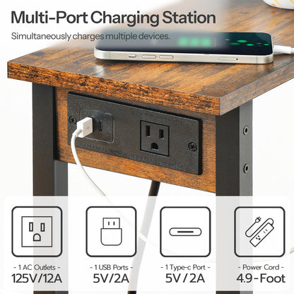HOOBRO Narrow Side Table, 2-Tier Slim End Table with Charging Station, Skinny Nightstand with Open Storage, for Small Spaces, Living Room, Bedroom, Study, Rustic Brown and Black BF240UBZ01