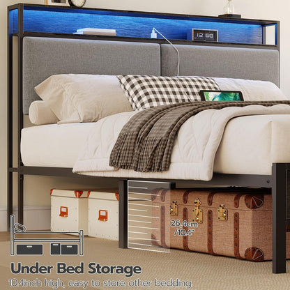 HOOBRO Full Metal Bed Frame with Storage Headboard & LED Lights