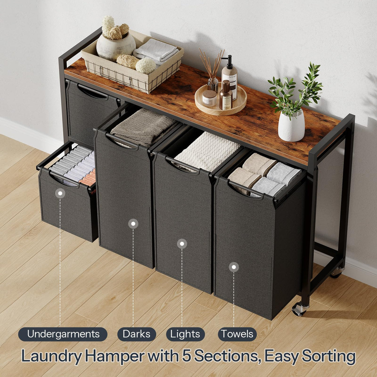 HOOBRO Laundry Sorter with 5 Sections, 45.5 Gal. (170 L) Laundry Hamper with Wheels and Shelf, Large Capacity, Laundry Basket with Removable Bags, 44.1"L x 11.8"W x 31.5"H, Rustic Brown, BF26XY01