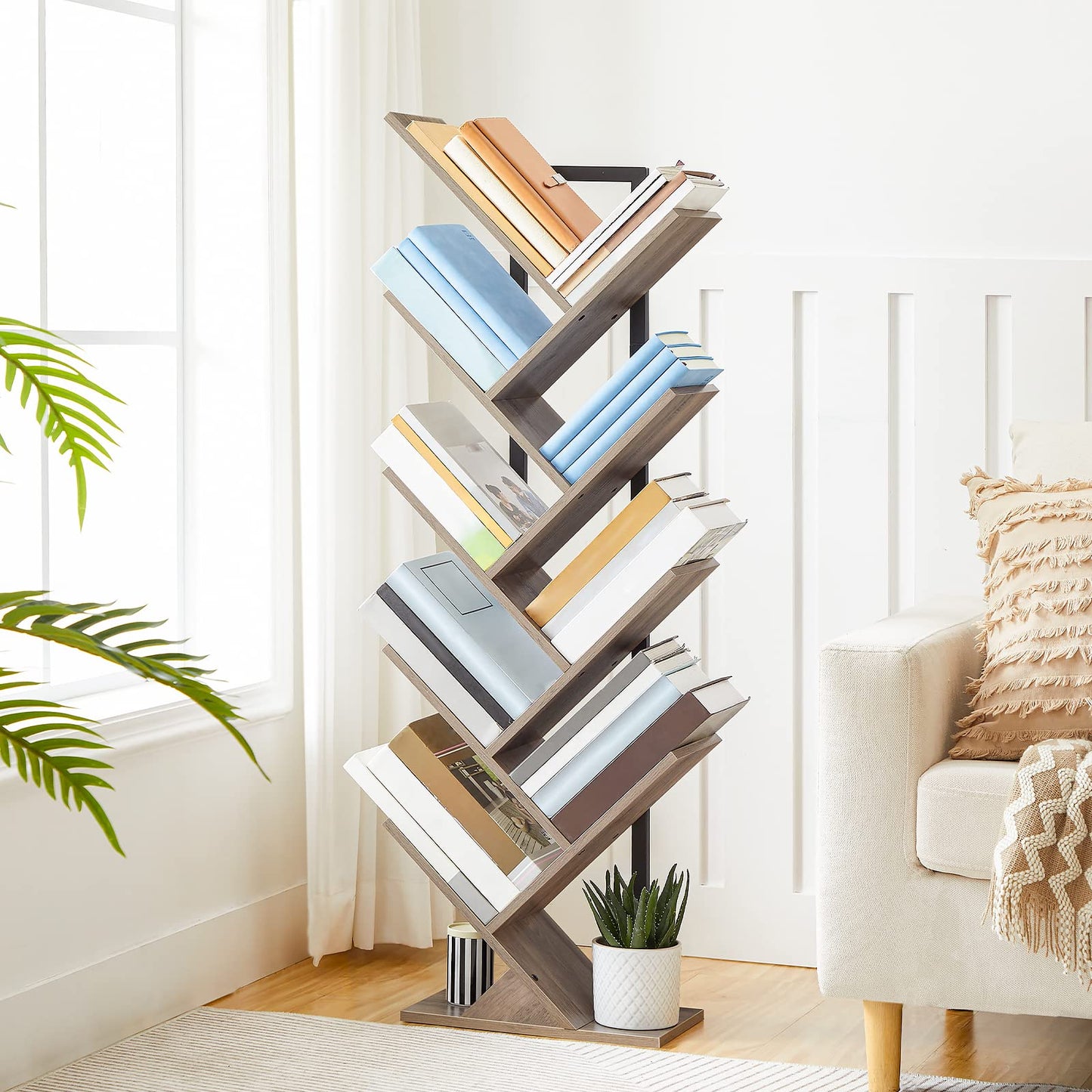 HOOBRO Greige 9-Tier Floor-Standing Wooden Tree-Shaped Bookshelf