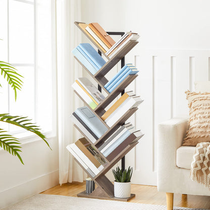 HOOBRO Greige 9-Tier Floor-Standing Wooden Tree-Shaped Bookshelf