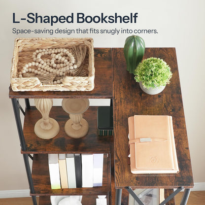 HOOBRO Retro Brown 5-Tier Industrial Style Open Display L-Shaped Corner Bookshelf
