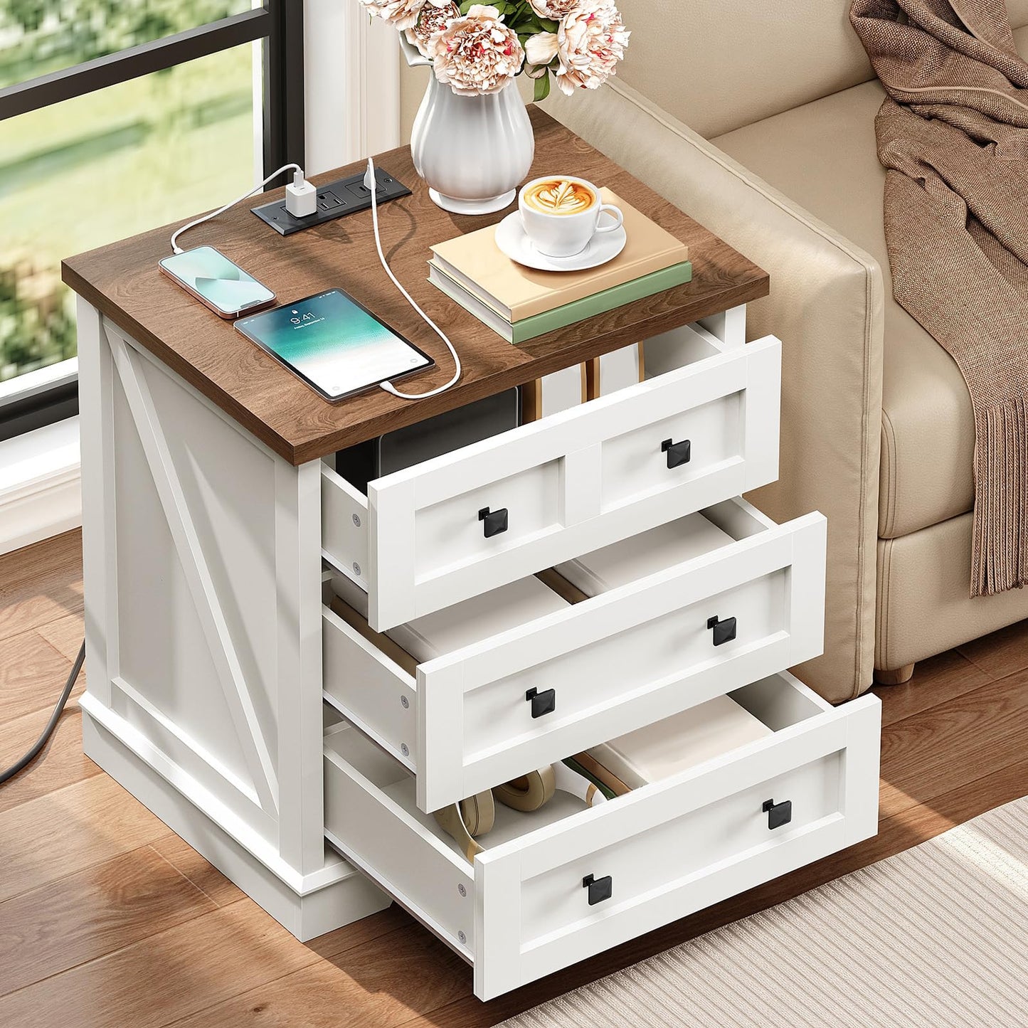 HOOBRO White 23.6-inch Wide Farmhouse Style Bedside Table with 3 Drawers & Charging Station