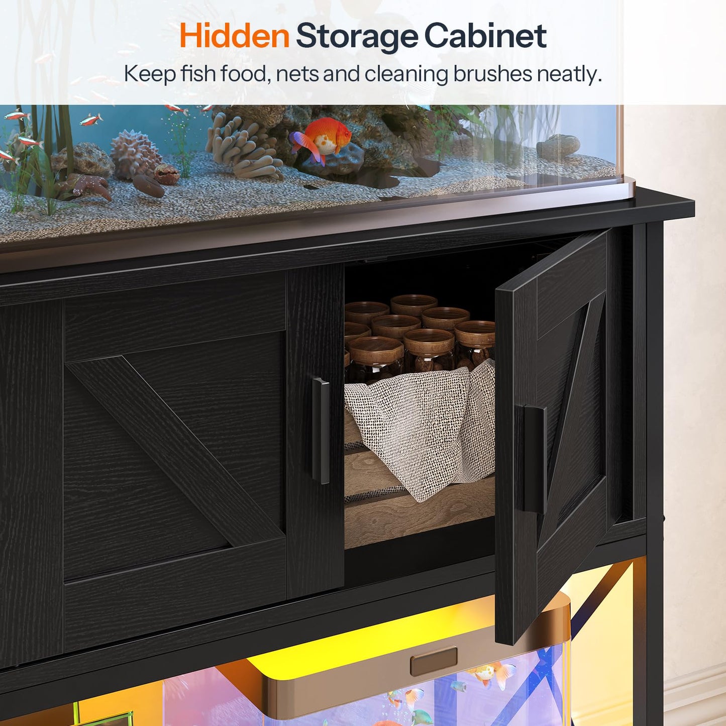 HOOBRO Black 20-Gallon Metal Frame Aquarium Rack with Power Outlet & LED Light Strip & Cabinet Storage