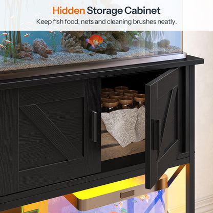 HOOBRO Black 20-Gallon Metal Frame Aquarium Rack with Power Outlet & LED Light Strip & Cabinet Storage