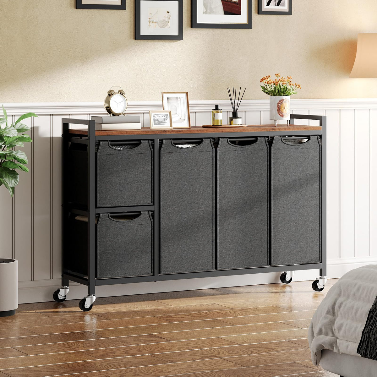 HOOBRO Laundry Sorter with 5 Sections, 45.5 Gal. (170 L) Laundry Hamper with Wheels and Shelf, Large Capacity, Laundry Basket with Removable Bags, 44.1"L x 11.8"W x 31.5"H, Rustic Brown, BF26XY01