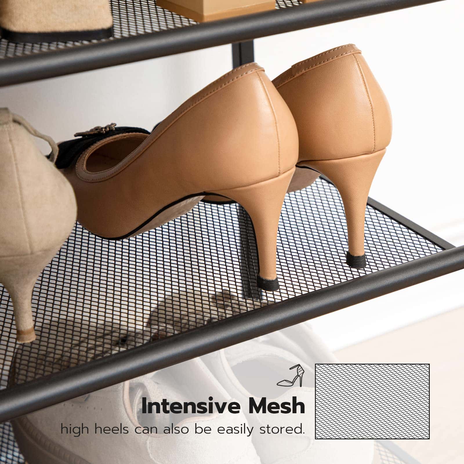 Tan high-heeled shoes on a metal mesh shoe rack with text 'Intensive Mesh' and 'high heels can also be easily stored'.