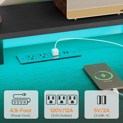 HOOBRO 55-inch Double Drawer Mobile Filing Cabinet and Computer Desk with Power Outlet & LED Light Strip Set & 2 Fabric Drawers