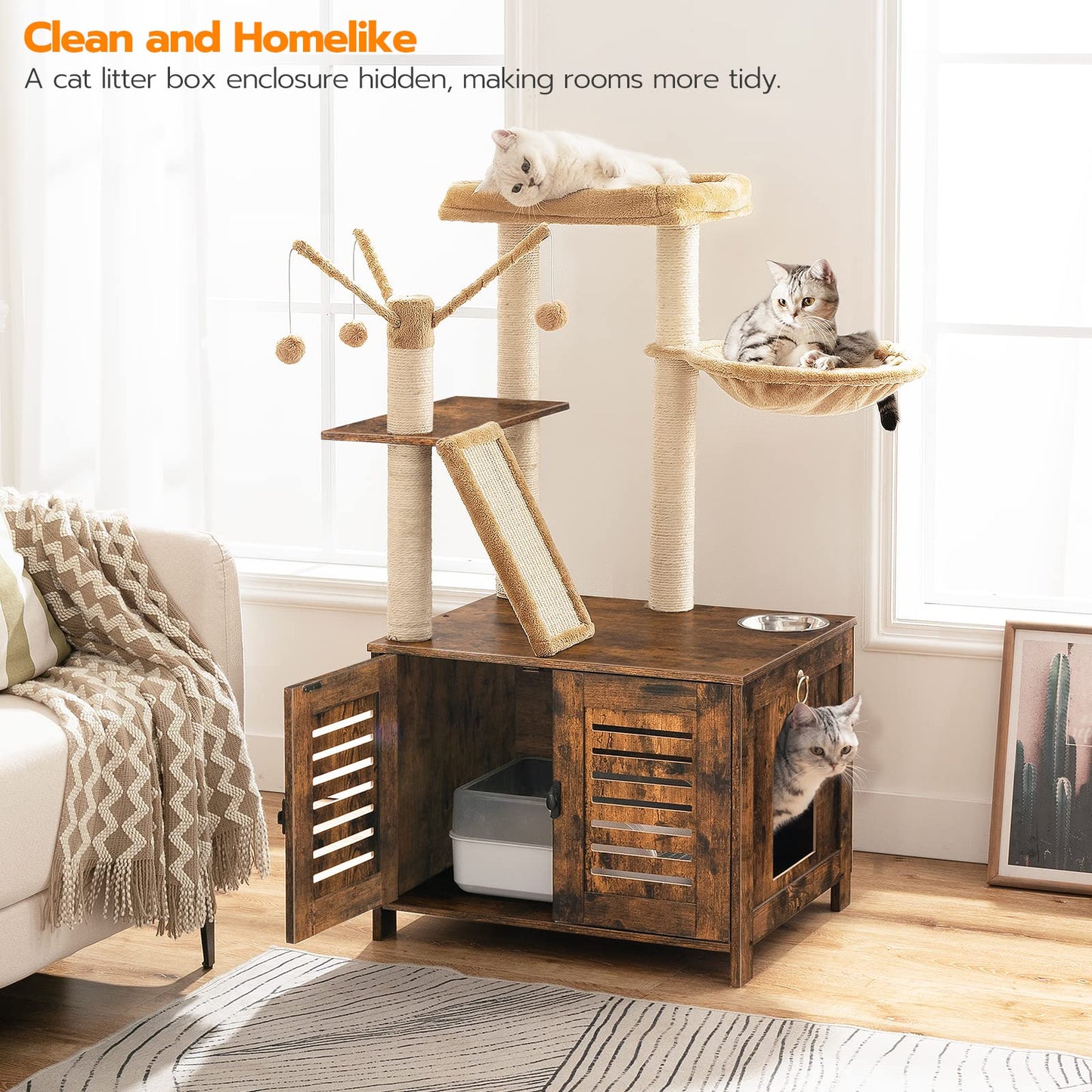 HOOBRO Cat Tree with Hidden Litter Box Enclosure & Scratching Posts