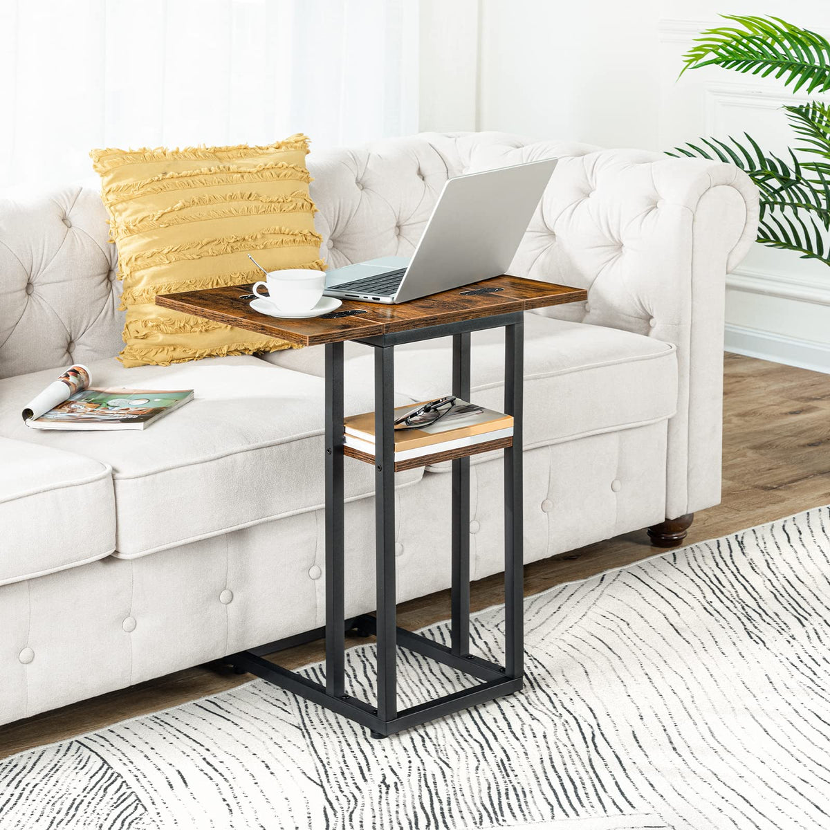 HOOBRO Foldable C Shaped End Table, C Shaped Side Table with Storage Shelf, Slide Under Couch Table for Sofa, Small Spaces, for Living Room, Bedroom, Easy Assembly, Rustic Brown BF29SF01