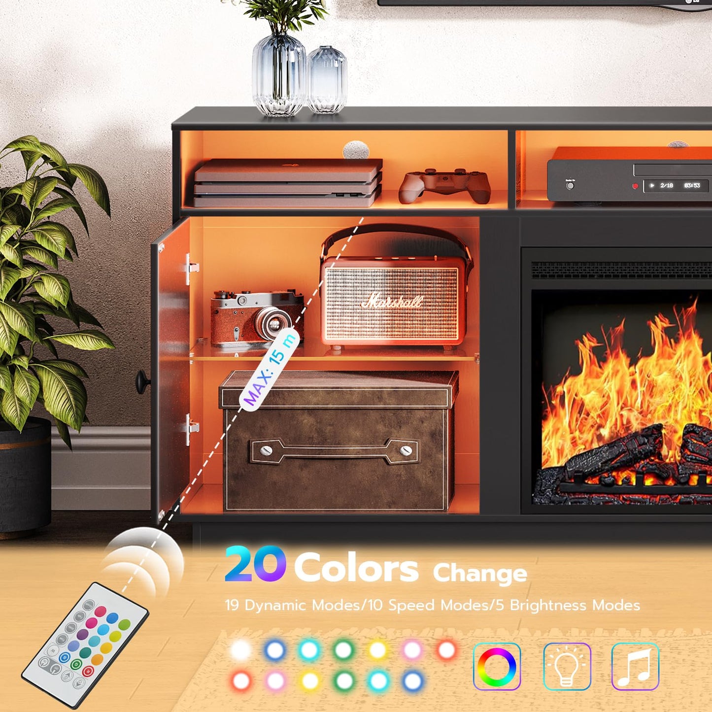 HOOBRO Black Electric Fireplace TV Stand with Charging Station & LED Light Strip & Adjustable Glass Shelf