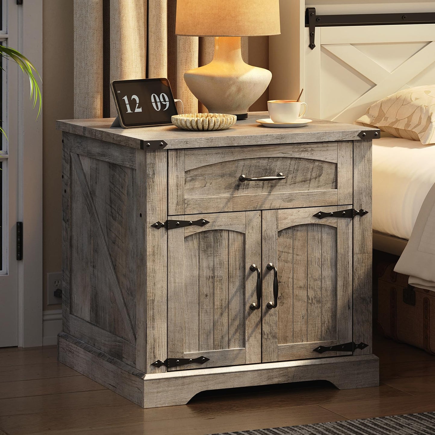 HOOBRO 23.6-inch Country Style Large Flip-Up Side Table with Charging Station & Drawers