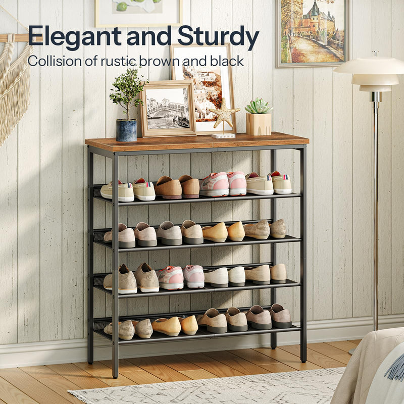 HOOBRO Retro Brown Spacious Floor-Standing 5-Tier Adjustable Mesh Shoe Rack