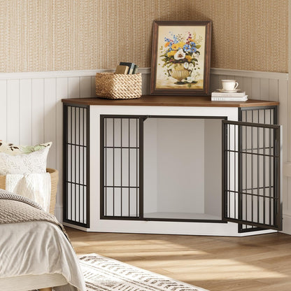 HOOBRO Farmhouse Corner Dog Crate Furniture Kennel End Table