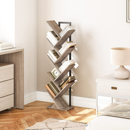HOOBRO Greige 9-Tier Floor-Standing Wooden Tree-Shaped Bookshelf