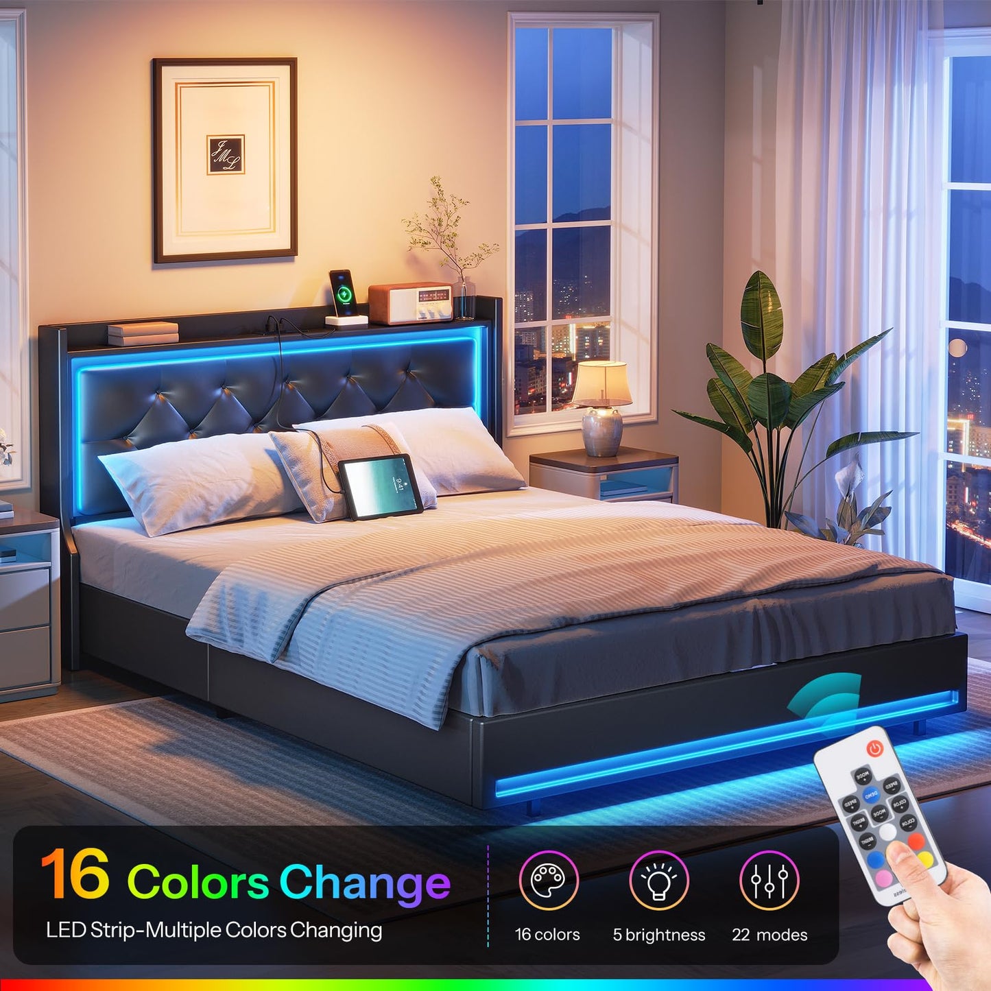 Bedroom with a bed featuring LED strip lighting and a remote control.