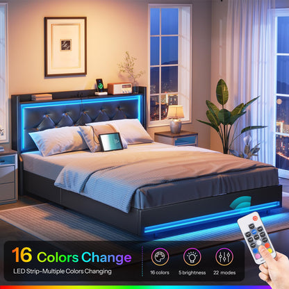 Bedroom with a bed featuring LED strip lighting and a remote control.
