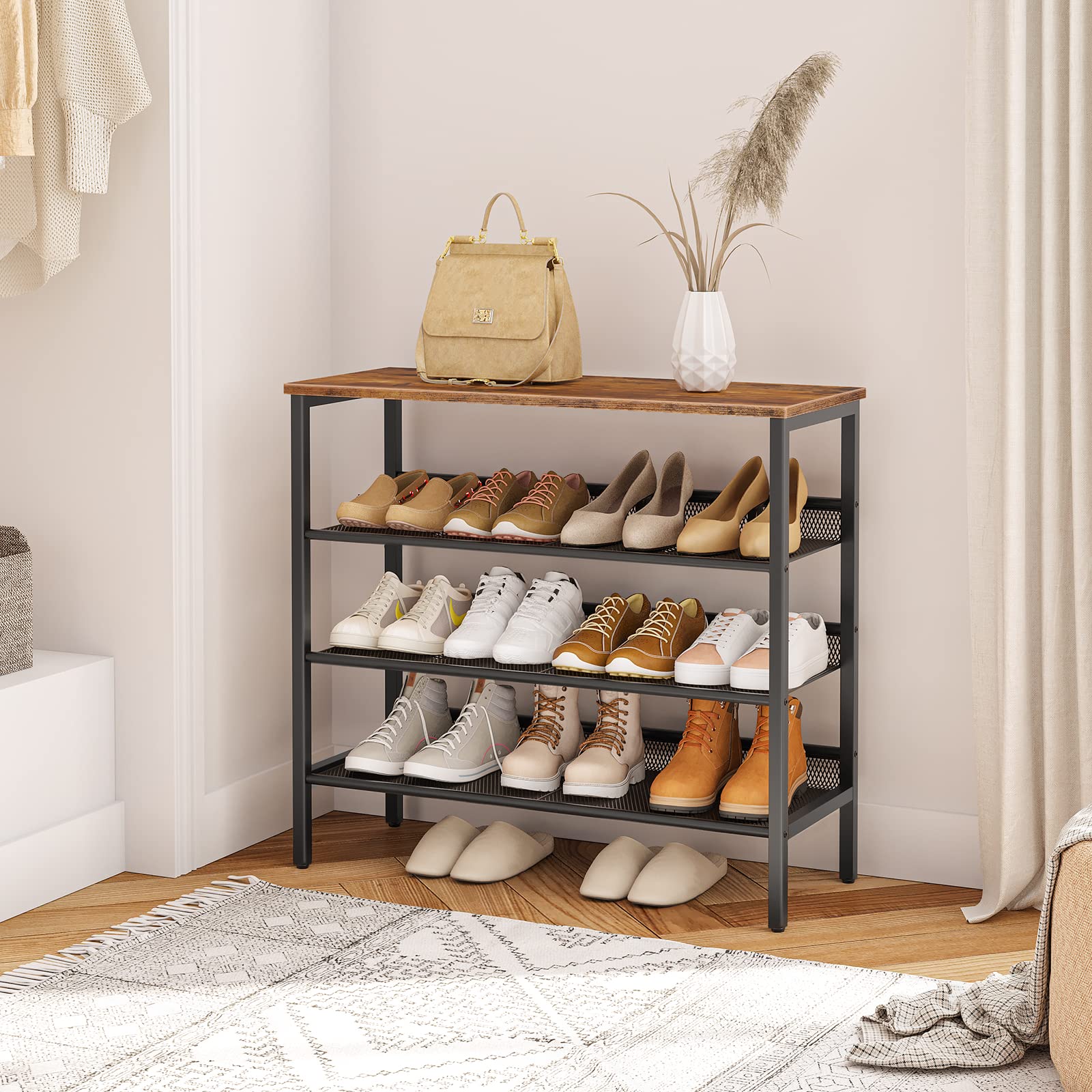 Shoe rack with various shoes, a backpack, and a plant in a room setting.