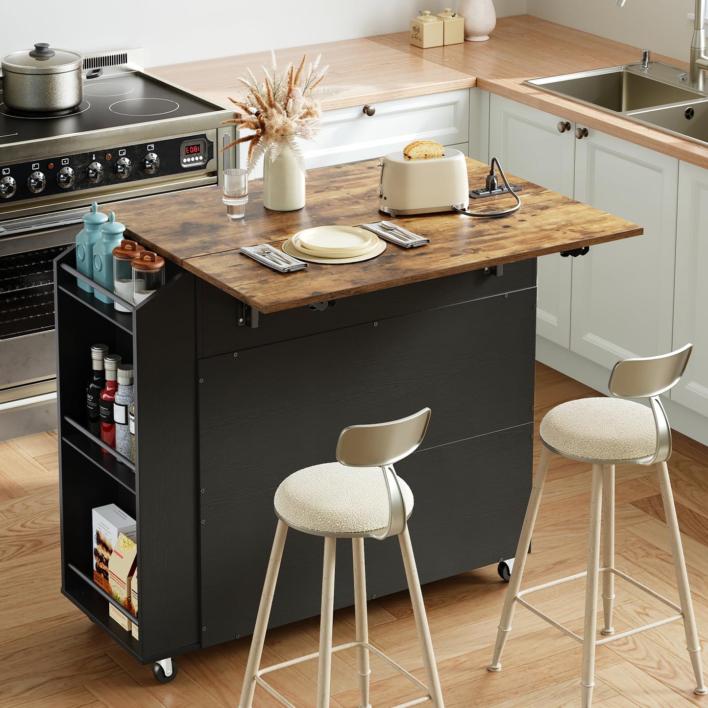 HOOBRO Black Portable Kitchen Island with Folding Countertop & Power Outlet & Drawers and Spice Rack