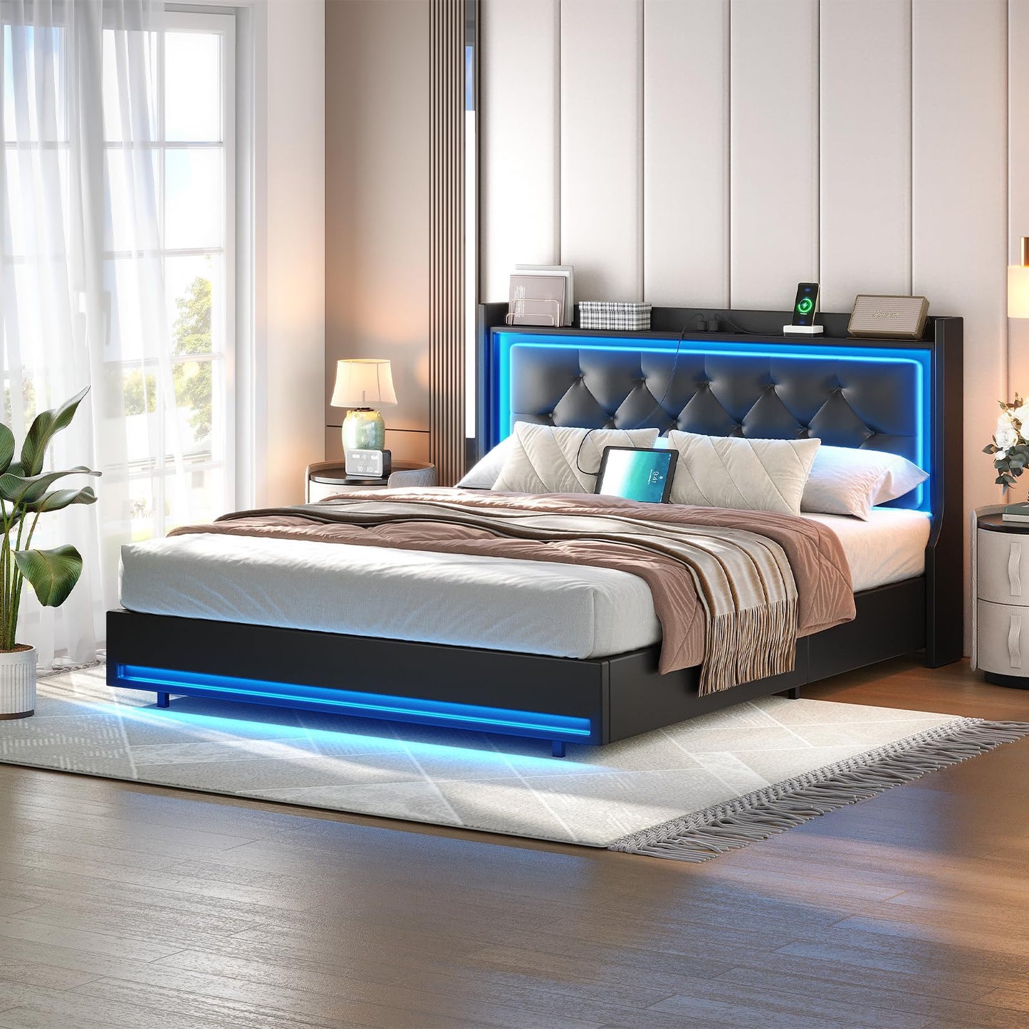 Modern bedroom with a bed featuring LED lighting, pillows, and a nightstand.