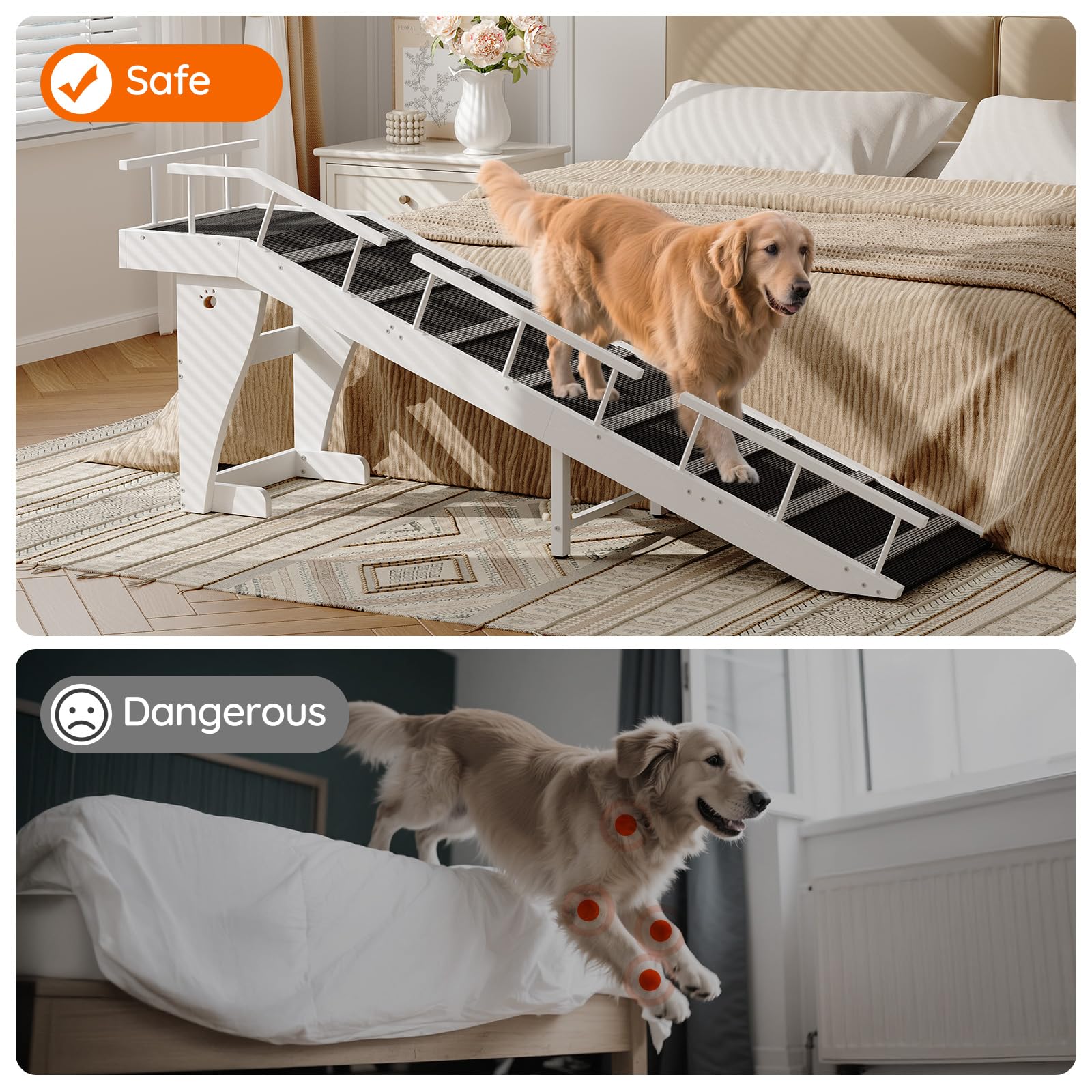 Dog using a white ramp in a bedroom setting with 'Safe' label, and another dog jumping off a bed with 'Dangerous' label.