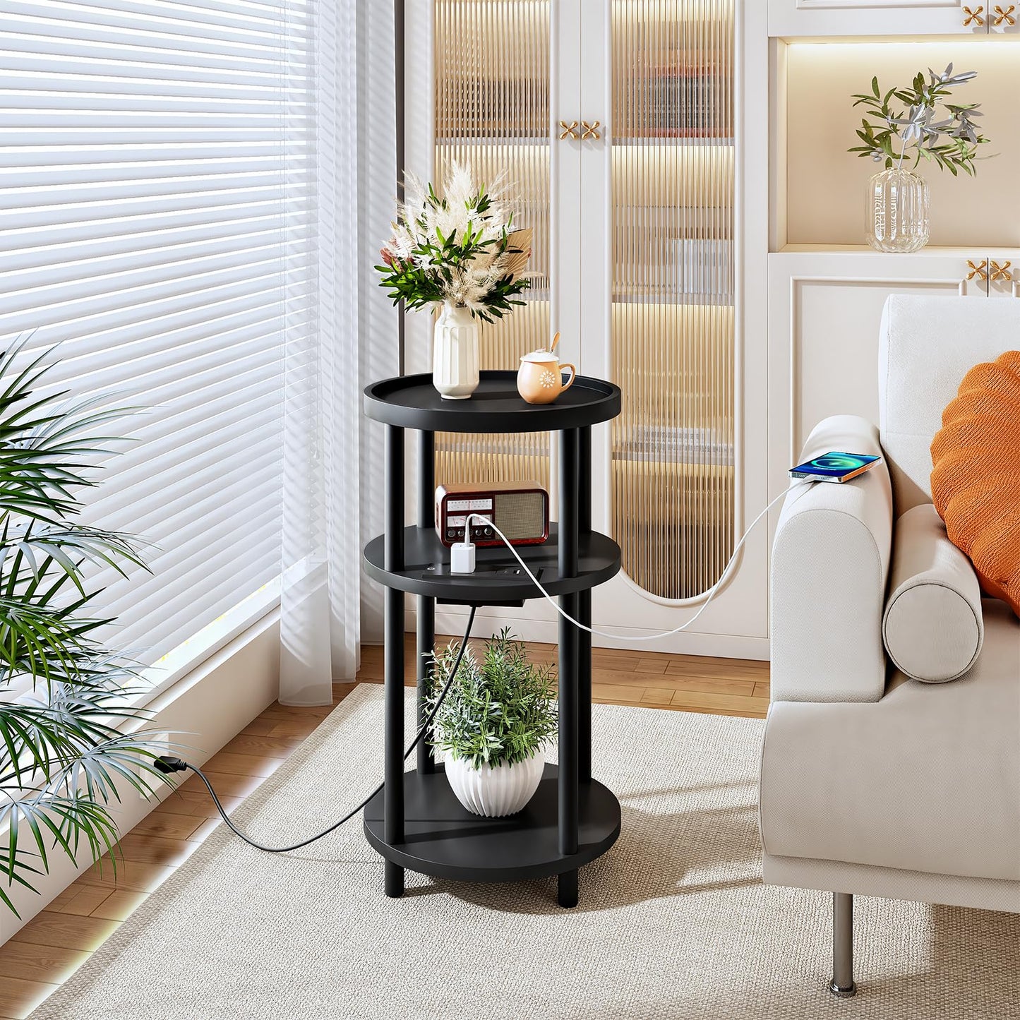 HOOBRO 3-Tier Bamboo Round Side Table with Charging Station