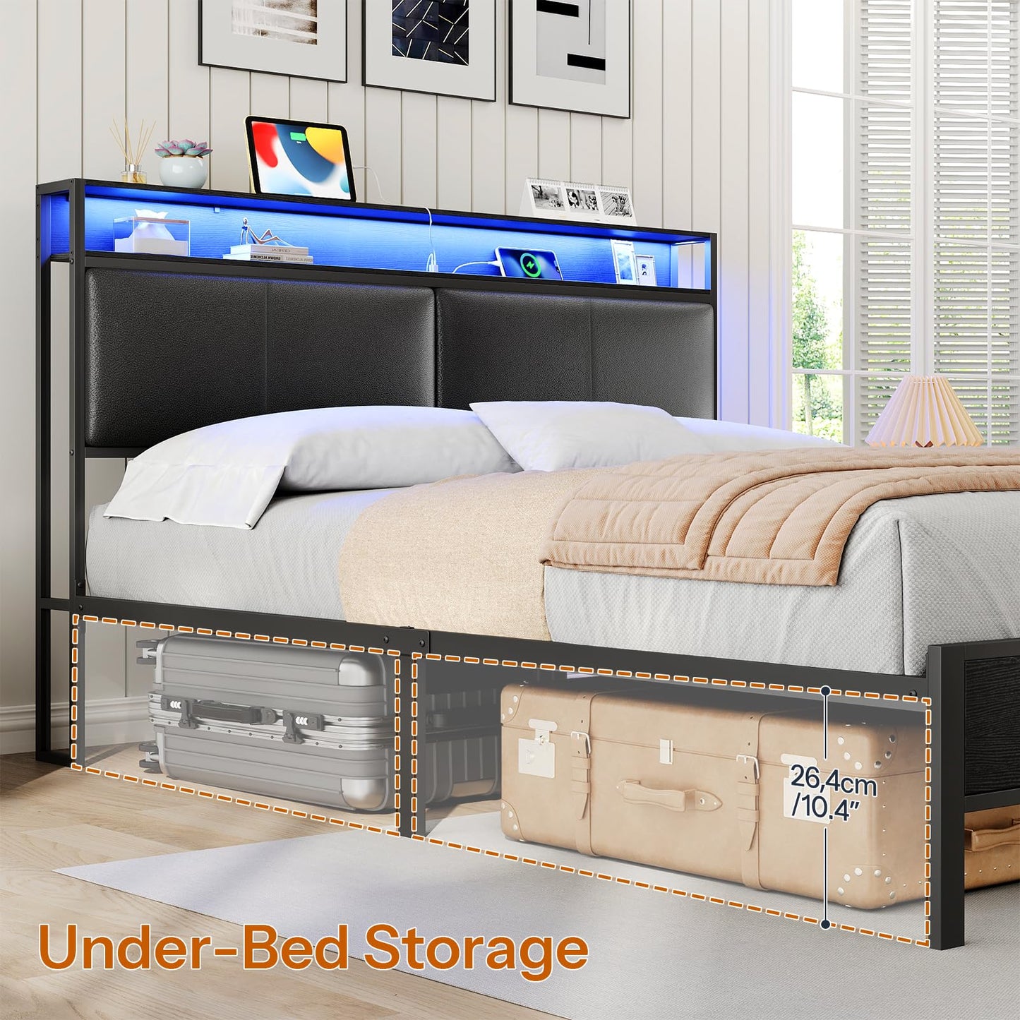 HOOBRO Queen Metal Bed Frame with LED Lights & Headboard Shelves