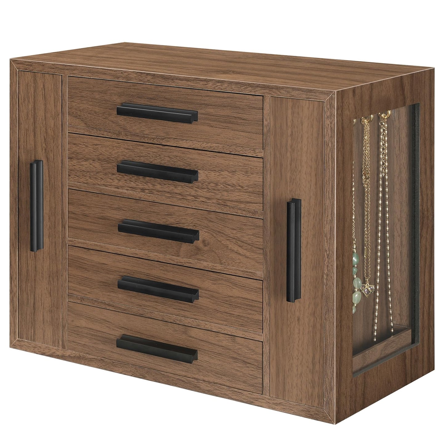 Wooden jewelry cabinet with drawers and a glass door displaying necklaces on a white background